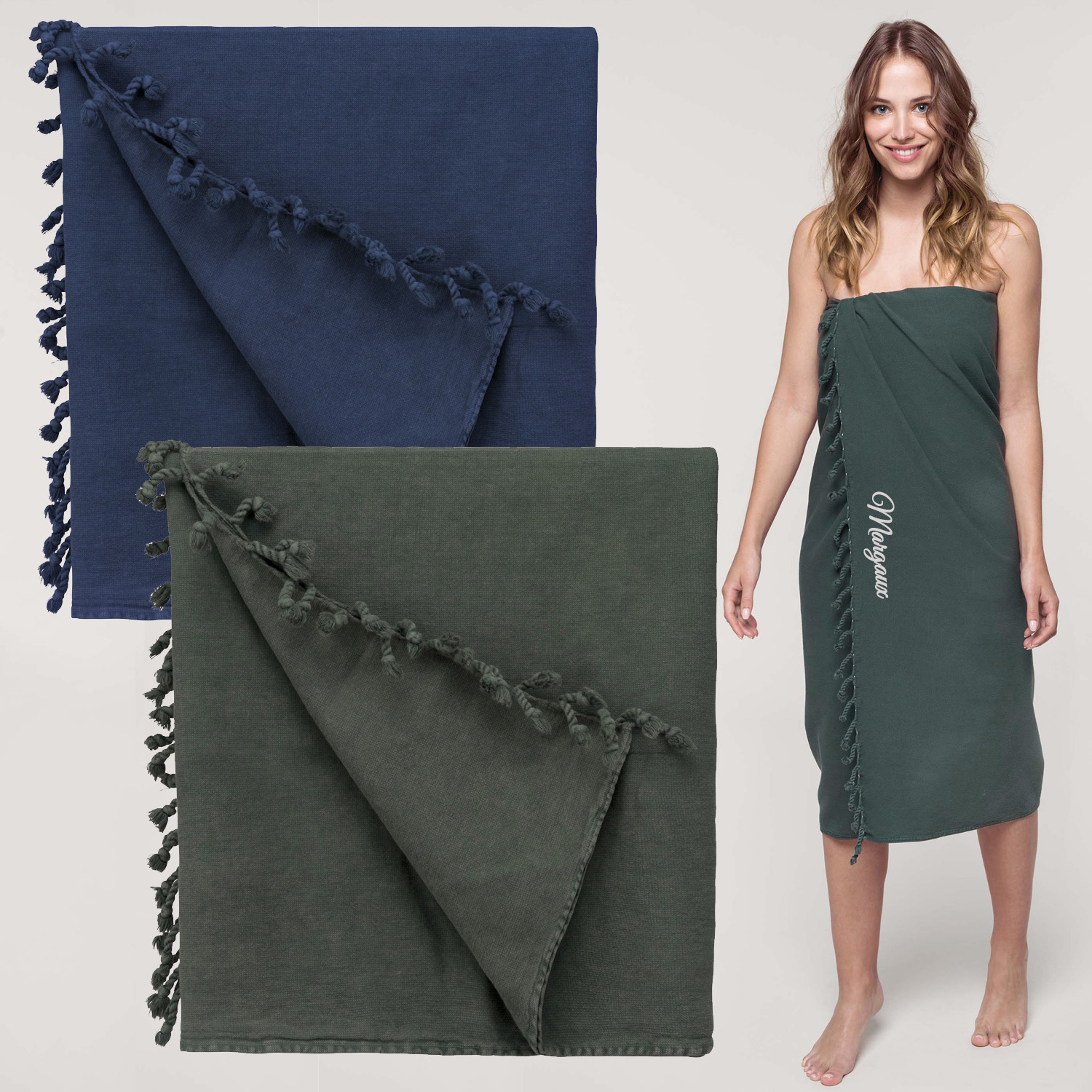 Femme portant serviette verte personnalisée.