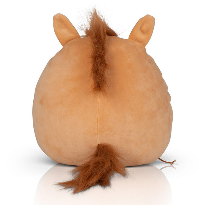 Peluche ronde cheval de dos, oreilles et queue visibles.